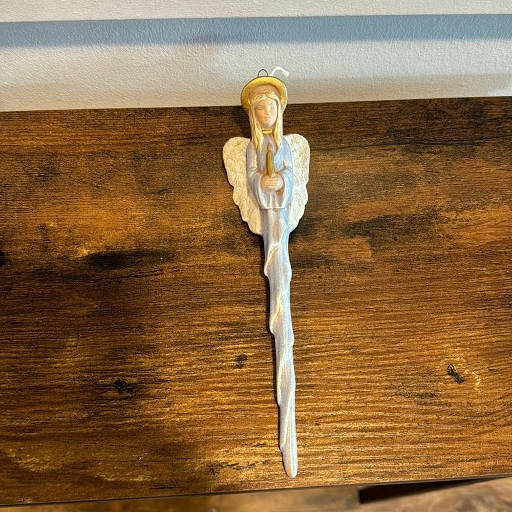 Ceramic Icicle Angel Praying Wings Christmas Holiday Hanging Ornament Hand Paint